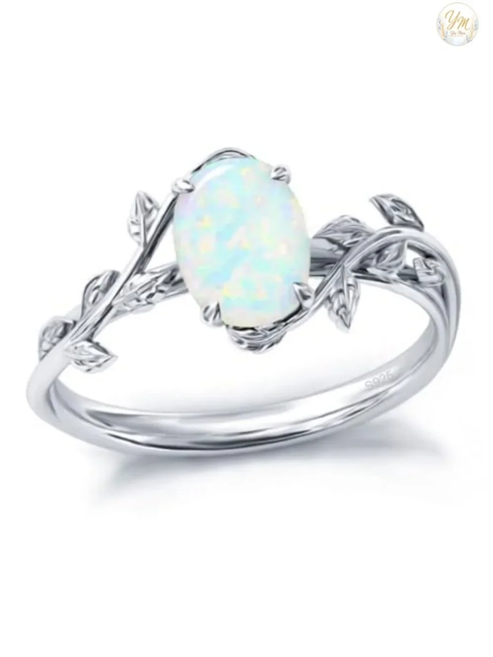 925 Sterling Silver Natural Moss Agate Ring Oval Opal Birthstone Leaf Promise